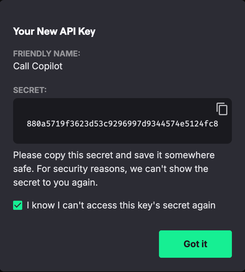 API Key created and displayed