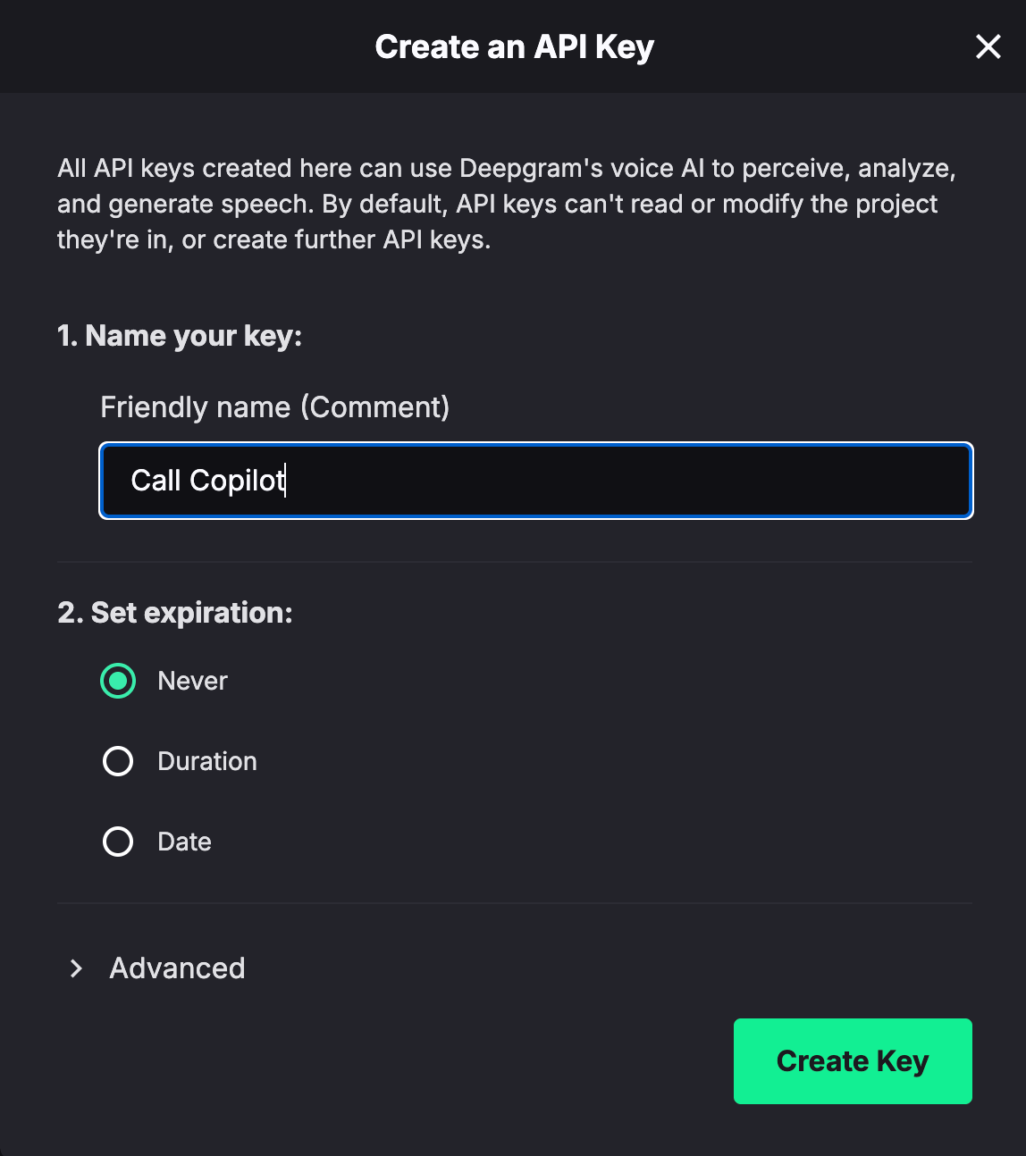 Create API Key dialog