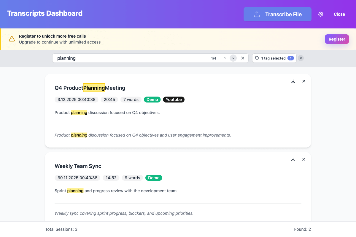 Transcripts dashboard with search