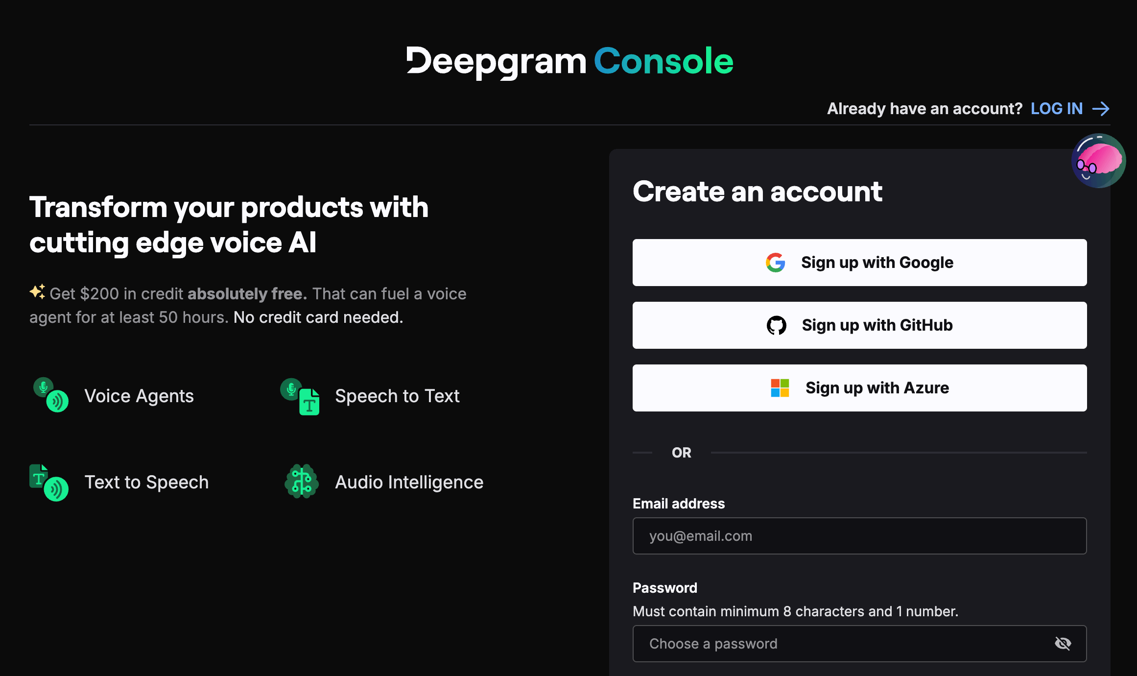 Deepgram signup page